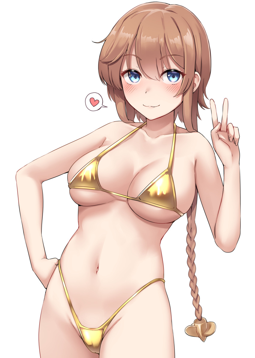 1girl absurdres bare_arms bare_legs bare_shoulders bikini blue_eyes blush braid breasts brown_hair closed_mouth collarbone cowboy_shot fingernails gold_bikini groin hair_between_eyes hair_ornament heart highres kantai_collection kiritto large_breasts long_hair looking_at_viewer navel propeller_hair_ornament simple_background smile solo spoken_heart swimsuit teruzuki_(kancolle) twin_braids v white_background