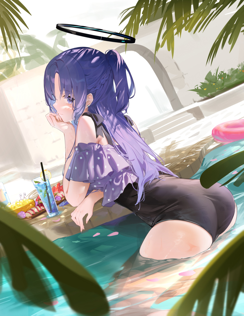 1girl alternate_costume ass bare_shoulders black_one-piece_swimsuit blue_archive closed_mouth commentary_request cup drinking_glass drinking_straw food fruit halo head_rest highres innertube isaya_(pixiv4541633) leaning_forward lemon lemon_slice long_hair looking_at_viewer looking_back off_shoulder one-piece_swimsuit outdoors palm_leaf parted_bangs partially_submerged petals purple_eyes purple_hair sidelocks solo swimsuit water yuuka_(blue_archive)