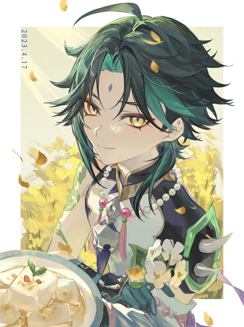 1boy ahoge almond_tofu_(genshin_impact) arm_tattoo bead_necklace beads black_hair dated eyeshadow facial_mark flower food forehead_mark genshin_impact gloves green_hair highres holding holding_flower jewelry leaf looking_at_viewer makeup male_focus multicolored_hair necklace red_eyeshadow simple_background solo spikes tassel tattoo upper_body white_flower xiao_(genshin_impact) yellow_eyes zaso