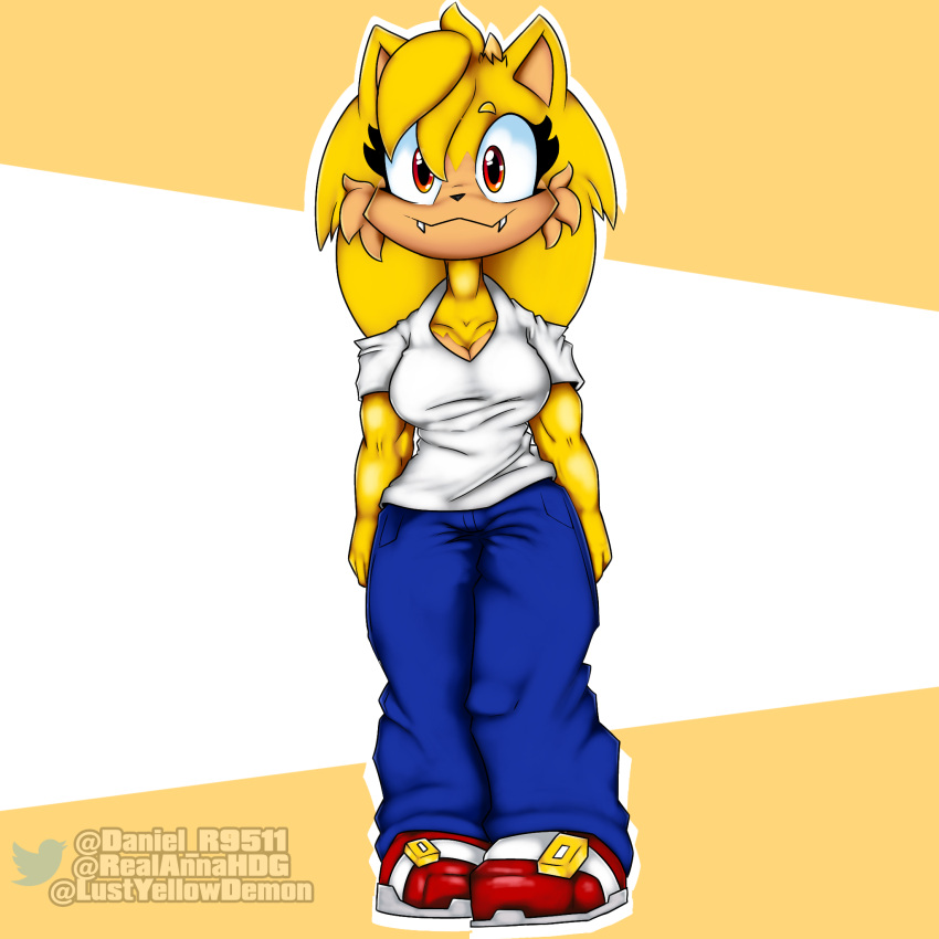 1:1 annabelle_the_hedgehog anthro blue_bottomwear blue_clothing blue_pants bottomwear clothing danielgamr95 eas_universe eulipotyphlan fangs female footwear fur hedgehog hi_res horn mammal muscular_arms pants red_clothing red_eyes red_footwear red_shoes shirt shoes simple_background solo standing teeth topwear white_clothing white_shirt white_topwear yellow_background yellow_body yellow_fur