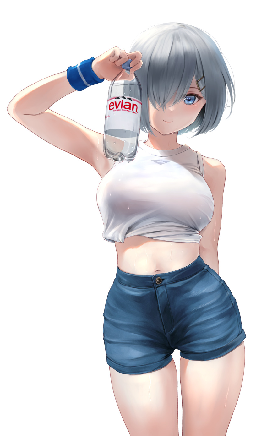 1girl absurdres bare_shoulders blue_eyes blue_shorts blush bottle breasts grey_hair hair_ornament hair_over_one_eye hairclip hamakaze_(kancolle) highres kantai_collection large_breasts looking_at_viewer midriff navel shirt short_hair shorts sleeveless sleeveless_shirt smile solo thighs variant_set wa_(genryusui) water_bottle white_background white_shirt wristband