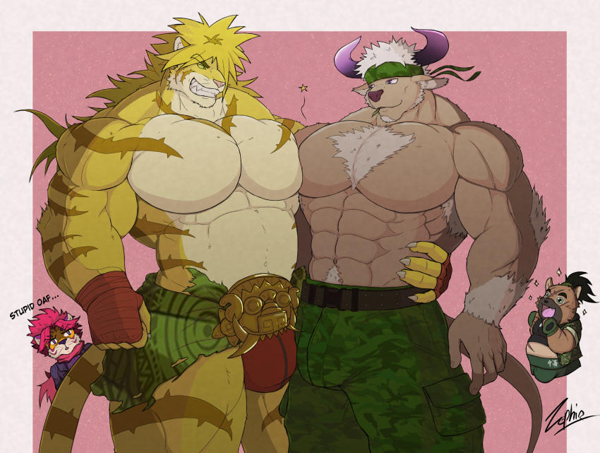 abs accessory anthro bovid bovine bulge clothed clothing duo felid fur headband hi_res horn lifewonders macan_(tas) male mammal muscular muscular_anthro muscular_male nomad_(tas) pantherine pecs pecs_touching shennong simple_background standing striped_body stripes tiger tokyo_afterschool_summoners topless video_games yasuyori zephir