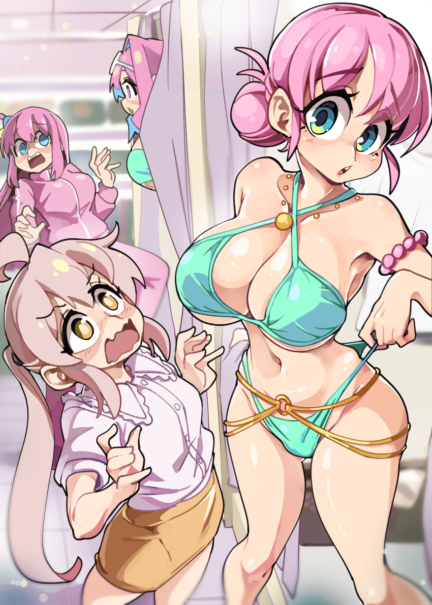 4girls absurdres aqua_bikini ass_visible_through_thighs bare_shoulders bikini blurry blurry_background bocchi_the_rock! bongfill breasts collarbone criss-cross_halter crossover cube_hair_ornament curtains dressing_room eyewear_on_head gotou_hitori gotou_michiyo hair_ornament halterneck hands_up height_difference highres hozuki_kaede indoors jacket large_breasts long_hair looking_at_viewer mature_female mother_and_daughter multicolored_hair multiple_girls navel o-ring onii-chan_wa_oshimai! open_mouth oyama_mahiro pants parted_lips pink_hair pink_jacket pink_pants puffy_short_sleeves puffy_sleeves raised_eyebrows shaded_face shirt short_sleeves skirt standing swimsuit teeth thighs tile_floor tiles track_jacket track_pants track_suit two-tone_hair underboob upper_teeth_only wavy_mouth white-framed_eyewear yellow_skirt