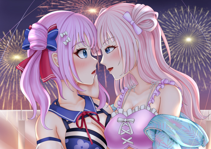 2girls aerial_fireworks arm_at_side arms_at_sides assault_lily asymmetrical_docking bare_shoulders bikini blue_bikini blue_bow blue_jacket blue_sailor_collar blurry blurry_background blush bow breast_press breasts cleavage collarbone commentary_request cross-laced_bikini cross-laced_clothes detached_sleeves double_bun eye_contact face-to-face fireworks floral_print frilled_bikini frills from_side hair_bow hair_bun half-closed_eyes halterneck hand_on_another's_cheek hand_on_another's_face hand_up highres imai_tomohiro jacket large_breasts long_hair looking_at_another medium_hair multi-strapped_bikini_top multicolored_bow multiple_girls neck_ribbon night off_shoulder official_alternate_costume open_clothes open_jacket outdoors parted_lips pink_bikini pink_bow pink_hair print_bikini profile red_bow red_ribbon ribbon sadamori_himeka sailor_collar see-through see-through_sleeves smile swimsuit tanba_akari twintails upper_body white_bow yuri