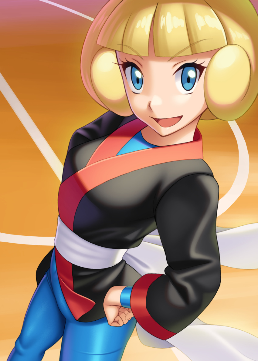 1girl :d black_jacket blonde_hair blue_bodysuit blue_eyes blunt_bangs bodysuit commentary_request eyelashes greta_(pokemon) hand_on_own_hip happy highres jacket open_mouth orange_background pants pokemon pokemon_(game) pokemon_rse short_hair smile solo standing tongue watanuki_kaname