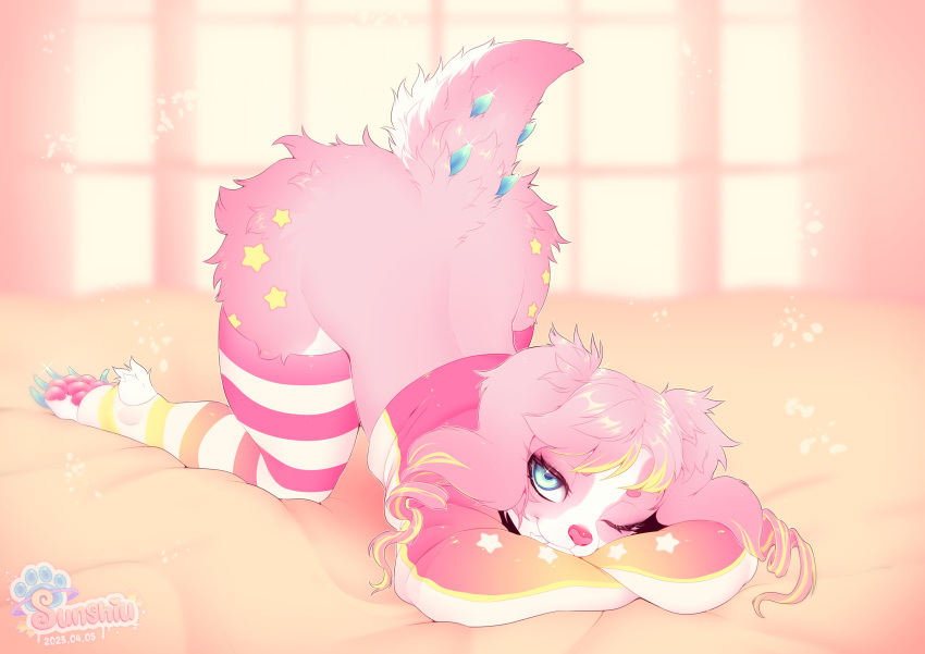 absurd_res ass_up blue_eyes canid canine canis claws clothed clothing domestic_dog fluffy fur girly hi_res kaiju looking_at_viewer male mammal partially_clothed pawpads paws pink pink_body pink_fur simple_background solo sunshiu