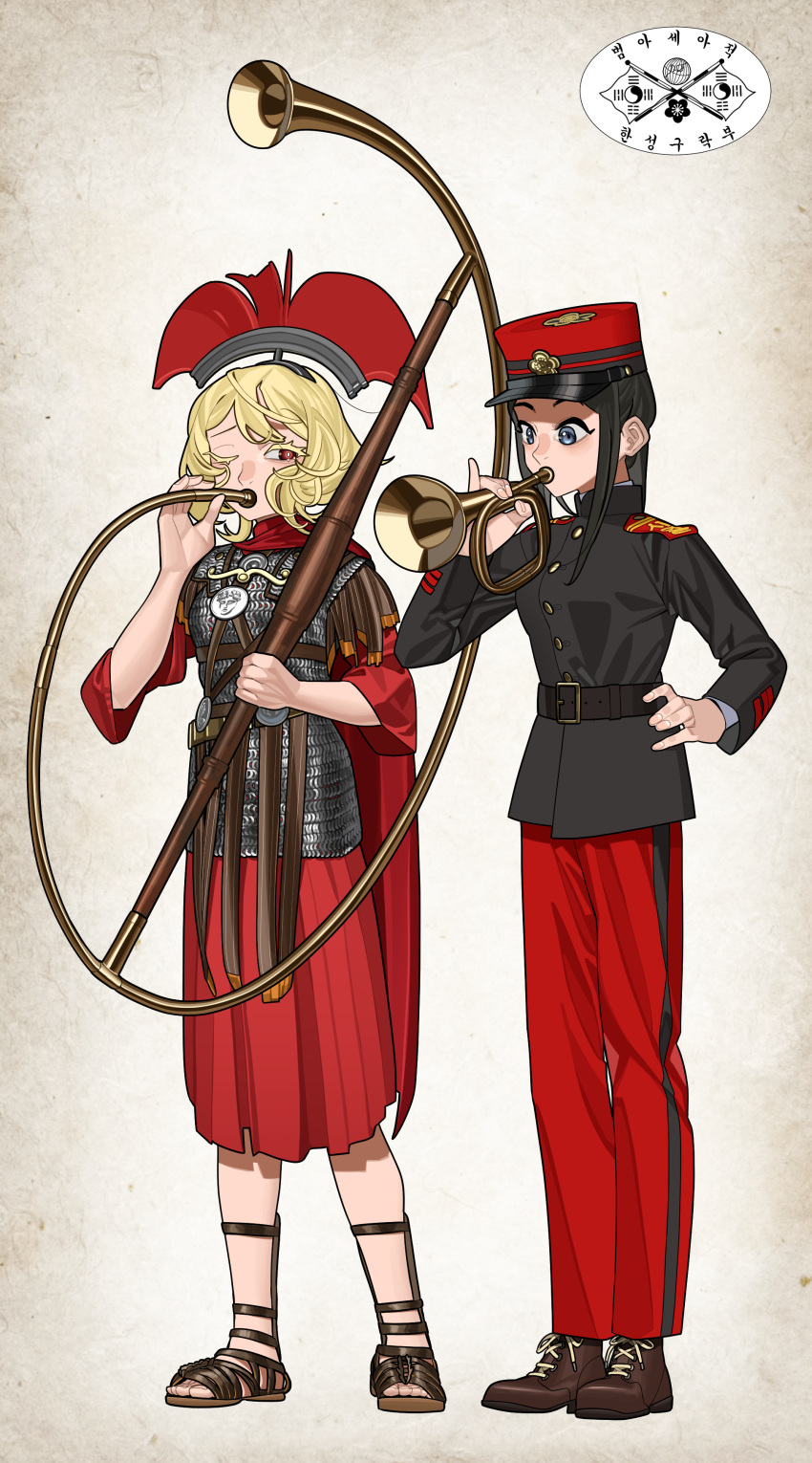 2girls absurdres armor belt black_belt black_coat black_hair blonde_hair borrowed_character brown_footwear cape centurii-chan chainmail coat colored_eyelashes cornu grey_eyes hand_on_own_hip hat highres instrument kepi korea military military_hat military_uniform multiple_girls one_eye_closed original pants plume pzkpfwi red_cape red_pants red_tunic roman_armor rose_of_sharon sandals short_hair trumpet uniform yin_yang