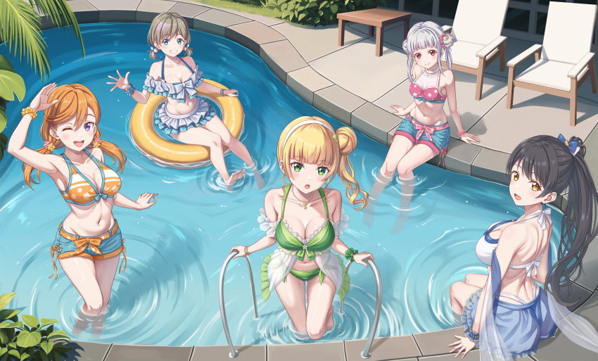 5girls :d ;d absurdres alternate_hairstyle arashi_chisato armpits ass back bare_shoulders bikini bikini_shorts bikini_top_only black_hair blonde_hair blue_eyes blue_shorts blunt_bangs blush bow bracelet breasts cleavage closed_mouth collarbone commentary commentary_request day dimples_of_venus double_bun frilled_bikini frills from_behind front-tie_bikini_top front-tie_top gradient_hair green_eyes grey_hair groin hair_behind_ear hair_between_eyes hair_bun hair_ornament hairband hand_up hazuki_ren heanna_sumire high_ponytail highres jewelry knees_together_feet_apart large_breasts legs long_hair looking_at_viewer looking_back love_live! love_live!_superstar!! low_twintails medium_breasts multicolored_hair multiple_girls navel necklace official_alternate_costume on_innertube one_eye_closed open_mouth orange_bikini orange_hair outdoors partially_submerged pearl_bracelet pearl_necklace pink_bikini ponytail pool pool_ladder poolside purple_eyes purple_hair red_eyes ribbon ripples scrunchie see-through see-through_cleavage shading_eyes shibuya_kanon short_hair short_shorts shorts side-tie_bikini_bottom single_side_bun sitting smile soaking_feet star_(symbol) star_print stomach string_bikini swept_bangs swimsuit tang_keke tsukimi_seiya twintails wading water waving white_bikini wrist_scrunchie yellow_eyes yellow_innertube