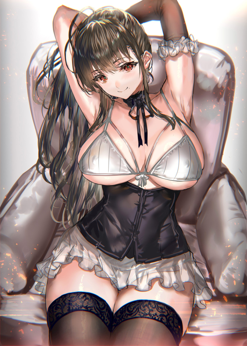 1girl armpits arms_up black_hair black_thighhighs blush breasts chair cleavage closed_mouth collarbone commentary highres large_breasts long_hair original ran'ou_(tamago_no_kimi) red_eyes sitting smile symbol-only_commentary thighhighs thighs underboob