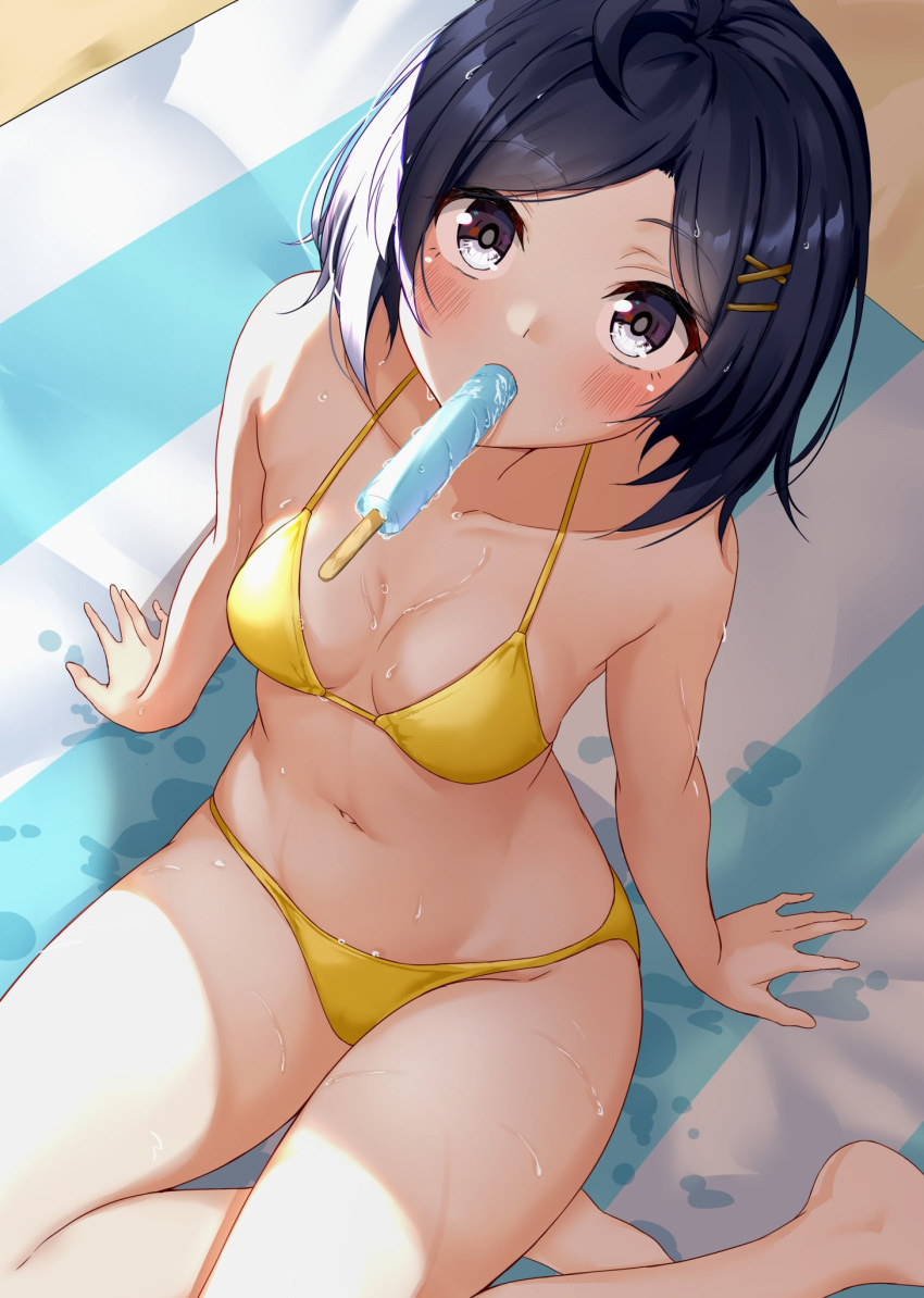 1girl arm_support beach_towel bikini blue_eyes blue_hair breasts food food_in_mouth hair_ornament hairclip highres hikigaya_komachi ice_cream looking_at_viewer medium_hair meri-san navel sitting small_breasts solo string_bikini swimsuit thighs towel wet x_hair_ornament yahari_ore_no_seishun_lovecome_wa_machigatteiru. yellow_bikini