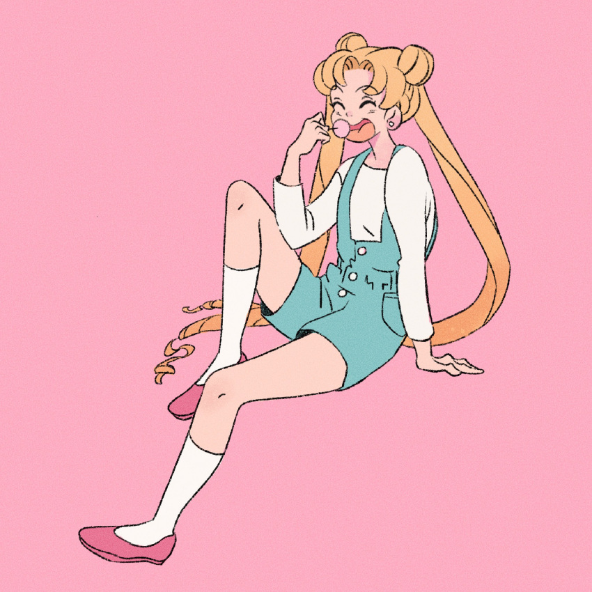 1girl ^_^ arm_support bishoujo_senshi_sailor_moon blonde_hair closed_eyes commentary dango double_bun earrings eating food full_body hair_bun highres jewelry long_hait open_mouth overalls pink_background red_footwear simple_background socks solo symbol-only_commentary tsukino_usagi twintails wagashi white_socks xephia