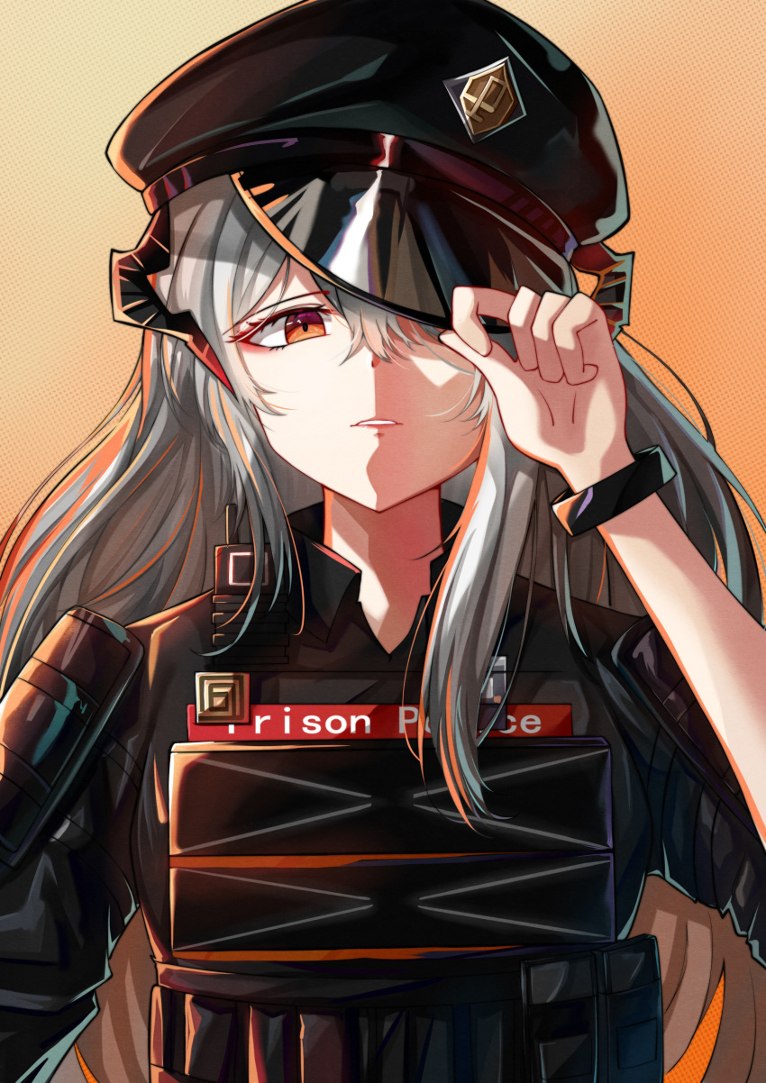 1girl absurdres adjusting_clothes adjusting_headwear arknights black_headwear black_shirt body_armor bracelet covering_one_eye dragon_horns flat_cap grey_hair hair_between_eyes hand_up hat highres horns jewelry langou62797 lips looking_at_viewer official_alternate_costume one_eye_covered orange_eyes parted_lips saria_(arknights) saria_(the_law)_(arknights) shirt solo upper_body yellow_background