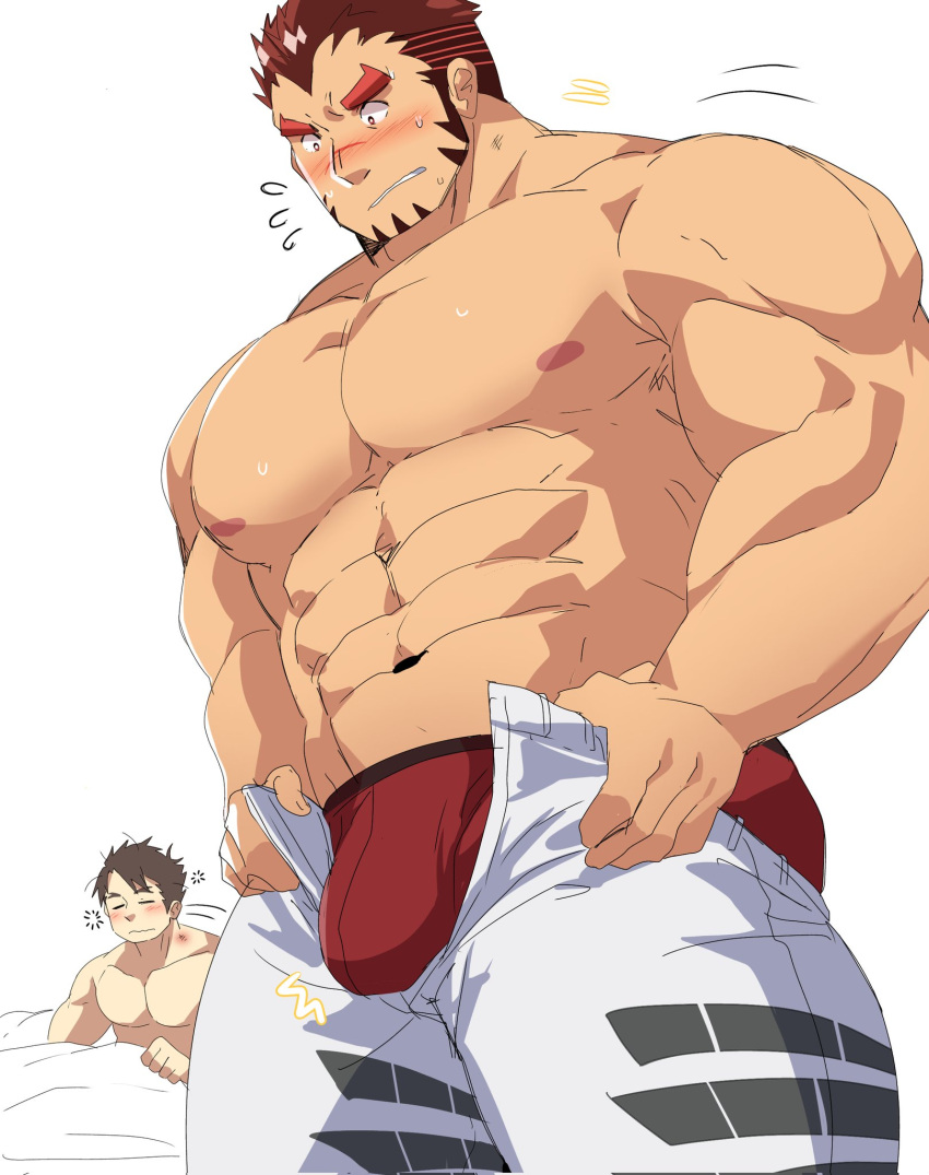 2boys akashi_(live_a_hero) bara bed_sheet blush bouncing_bulge boxers bulge bulge_lift commentary dressing facial_hair flying_sweatdrops goatee highres implied_yaoi large_bulge large_pectorals leobongnana live_a_hero long_sideburns looking_at_bulge male_focus male_protagonist_(live_a_hero) male_underwear meme motion_lines multiple_boys muscular muscular_male naked_sheet never_seen_a_guy_recreate_this_(meme) open_pants pants pants_lift pectorals red_hair red_male_underwear romaji_commentary scar scar_on_face scar_on_nose short_hair sideburns solo_focus thick_eyebrows thick_thighs thighs topless_male undersized_clothes underwear waking_up