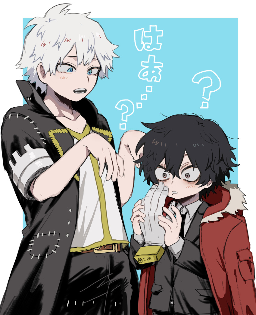 2boys ? absurdres aged_down ametaro_(ixxxzu) black_coat black_jacket black_pants blue_eyes boku_no_hero_academia coat ear_piercing highres jacket male_focus multicolored_hair multiple_boys pants piercing red_eyes red_hair red_jacket severed_hand shigaraki_tomura short_hair simple_background suit suit_jacket todoroki_touya translation_request white_background white_hair