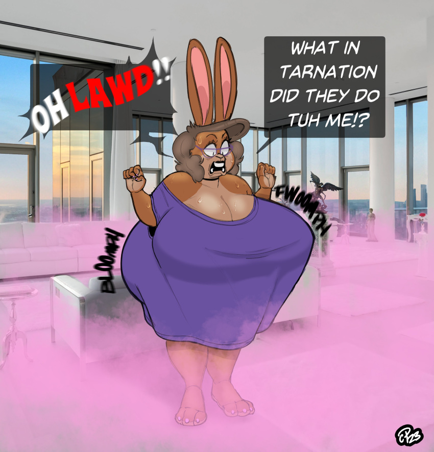 1:1 2023 absurd_res anthro bodily_fluids breast_expansion breasts bun_(unicorngore) butt butt_expansion dialogue digital_drawing_(artwork) digital_media_(artwork) english_text exclamation expansion female gas growth hi_res implied_transformation lagomorph leporid mammal mature_female penthouse rabbit shocked signature skyline solo sound_effects species_transformation speech_bubble speech_change sweat text transformation unicorngore