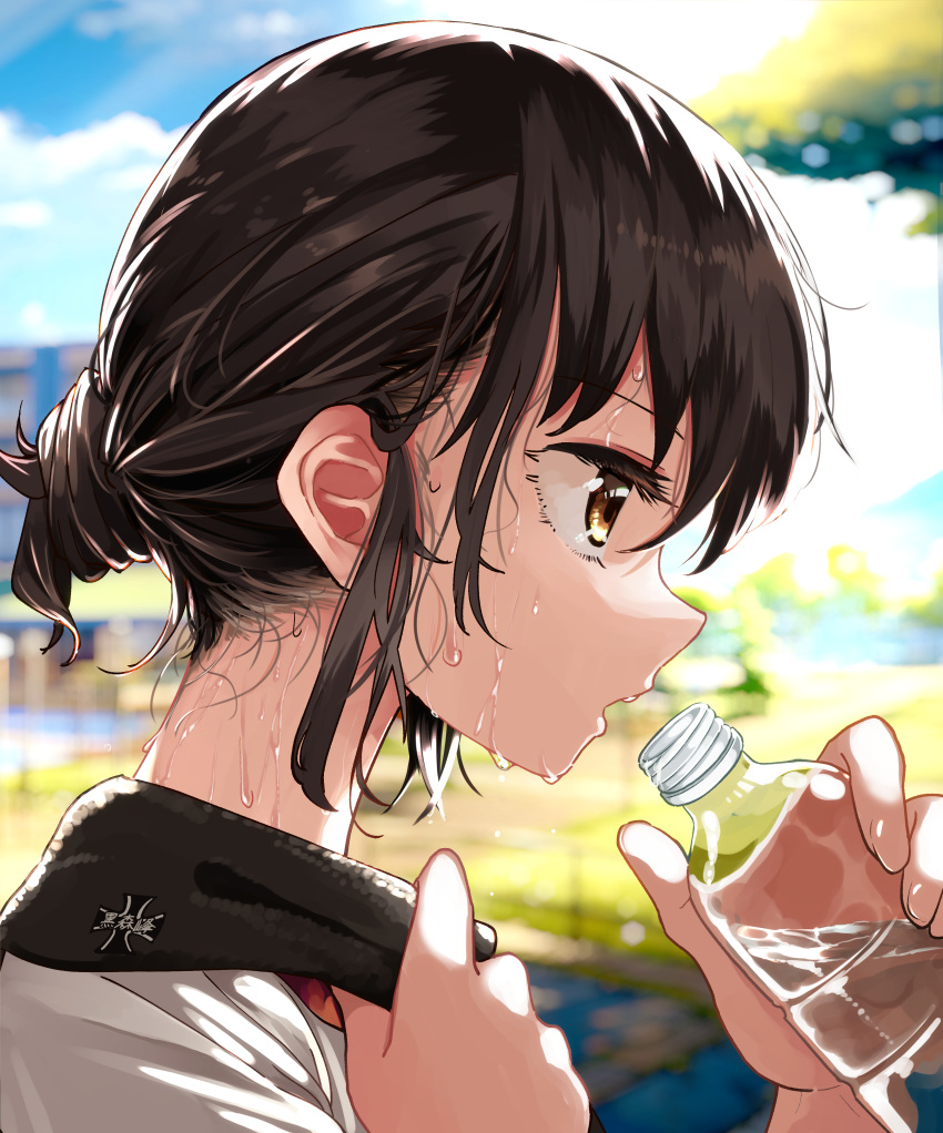 1girl absurdres alternate_hairstyle aoi_kujira bottle brown_eyes brown_hair close-up commentary_request drinking emblem from_side girls_und_panzer hair_bun highres holding holding_bottle kuromorimine_(emblem) looking_ahead nishizumi_maho open_mouth outdoors profile shirt short_hair single_hair_bun solo sweatdrop towel towel_around_neck water_bottle white_shirt