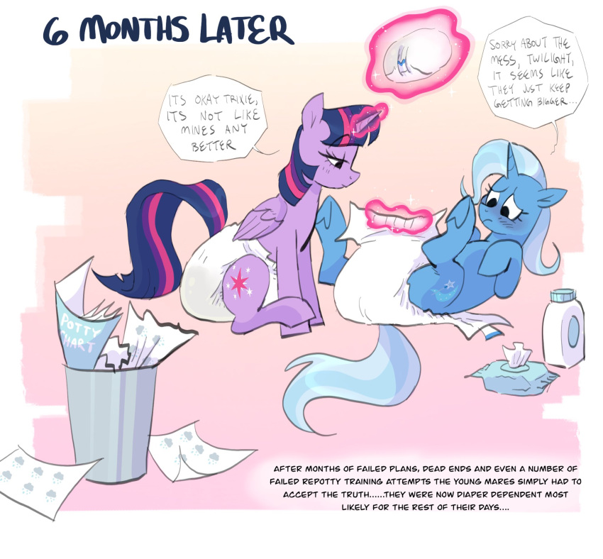 clothed clothing comic diaper diaper_change diaper_fetish diaper_only digital_media_(artwork) duo english_text equid equine feces female feral friendship_is_magic full_diaper hair hasbro hi_res horn lying mammal messy_diaper multicolored_hair my_little_pony scat slusheep soiled soiled_diaper soiling starlight_glimmer_(mlp) text topless trixie_(mlp) unicorn wearing_diaper
