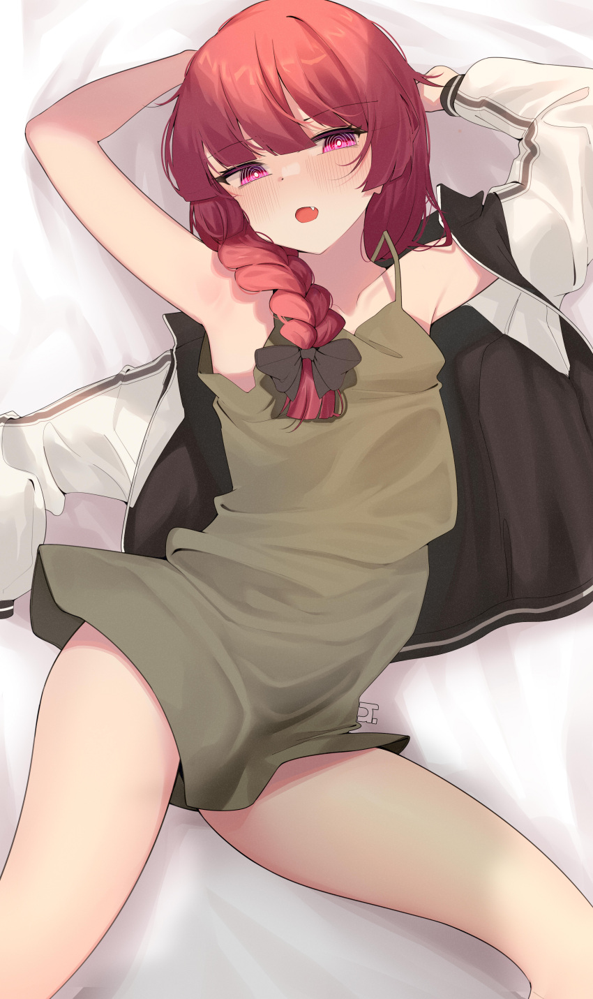 1girl absurdres armpits bed_sheet blush bocchi_the_rock! braid braided_ponytail dress fang feet_out_of_frame green_dress hair_over_shoulder highres hiroi_kikuri jacket kebohan letterman_jacket looking_at_viewer lying on_back pillow red_eyes red_hair sleeveless sleeveless_dress solo
