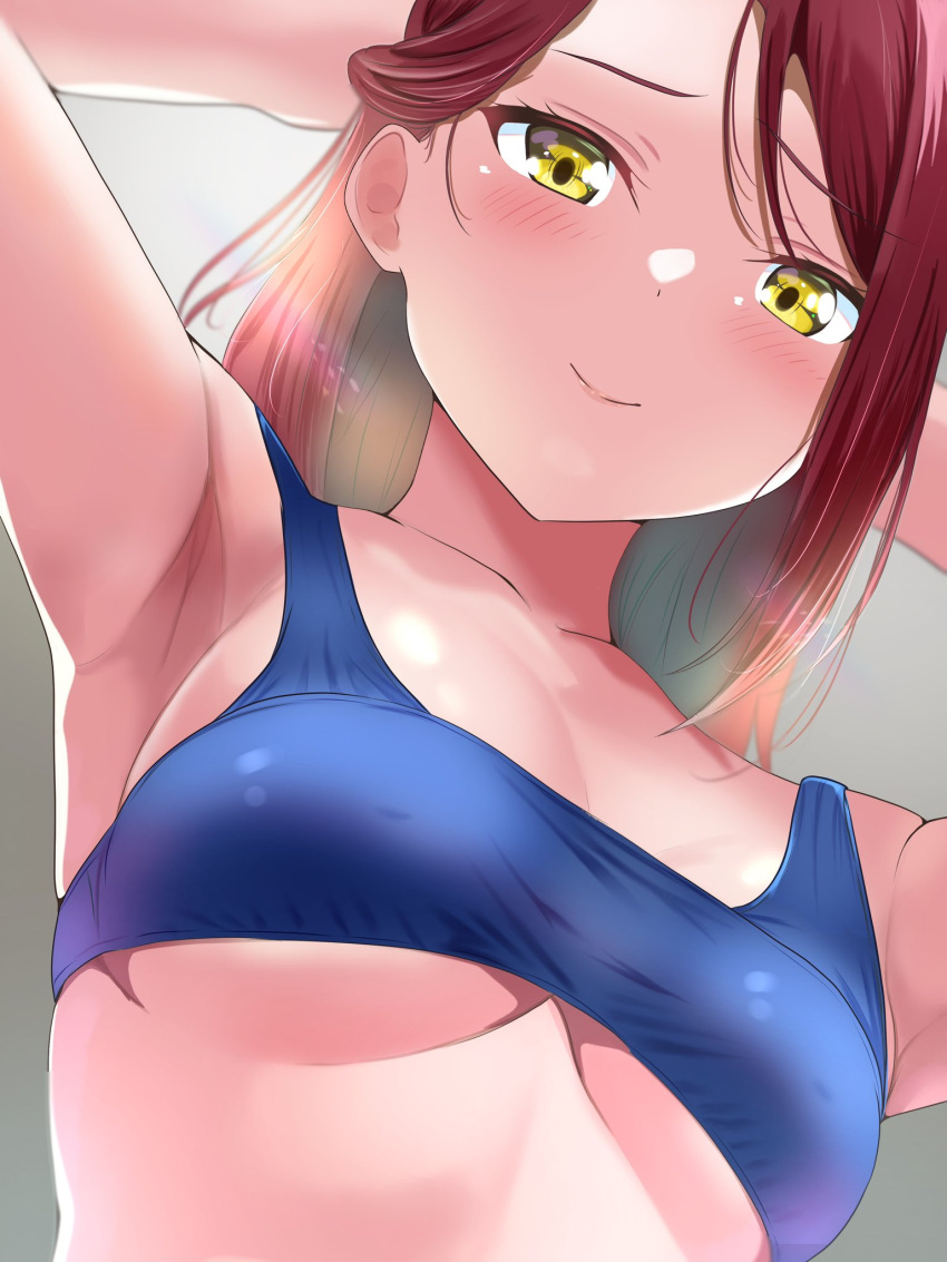 1girl armpits arms_up blue_sports_bra blush borgbutler breasts commentary from_below gradient_background grey_background hand_in_own_hair highres long_hair looking_at_viewer love_live! love_live!_sunshine!! medium_breasts red_hair sakurauchi_riko simple_background smile solo sports_bra underboob yellow_eyes