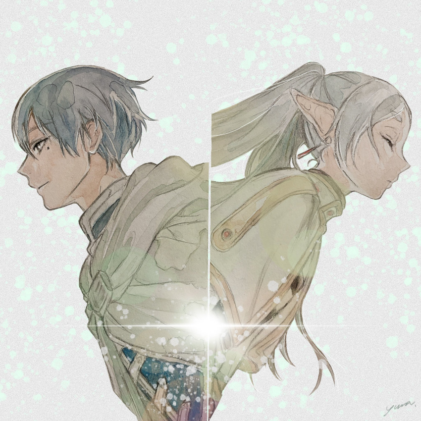 1boy 1girl blue_hair blue_shirt capelet cloak closed_eyes closed_mouth earrings elf facing_to_the_side frieren from_side glowing gold_trim grey_background grey_hair highres himmel_(sousou_no_frieren) jewelry long_hair mole mole_under_eye pointy_ears profile shirt short_hair sousou_no_frieren twintails upper_body white_capelet white_cloak yura0210_1017