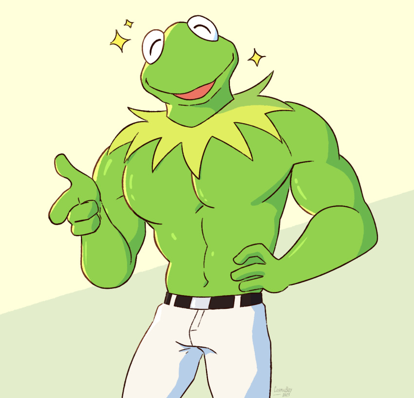 2023 abs amphibian anthro belt biceps bottomwear clothed clothing cosmicboy02 digital_media_(artwork) eyes_closed frill_(anatomy) frog gesture glistening glistening_body green_body hands_on_hips hi_res kermit_the_frog male muppets muscular muscular_anthro muscular_male navel open_mouth open_smile pants pecs pointing pointing_at_viewer signature simple_background smile solo sparkles standing topless white_bottomwear white_clothing white_pants