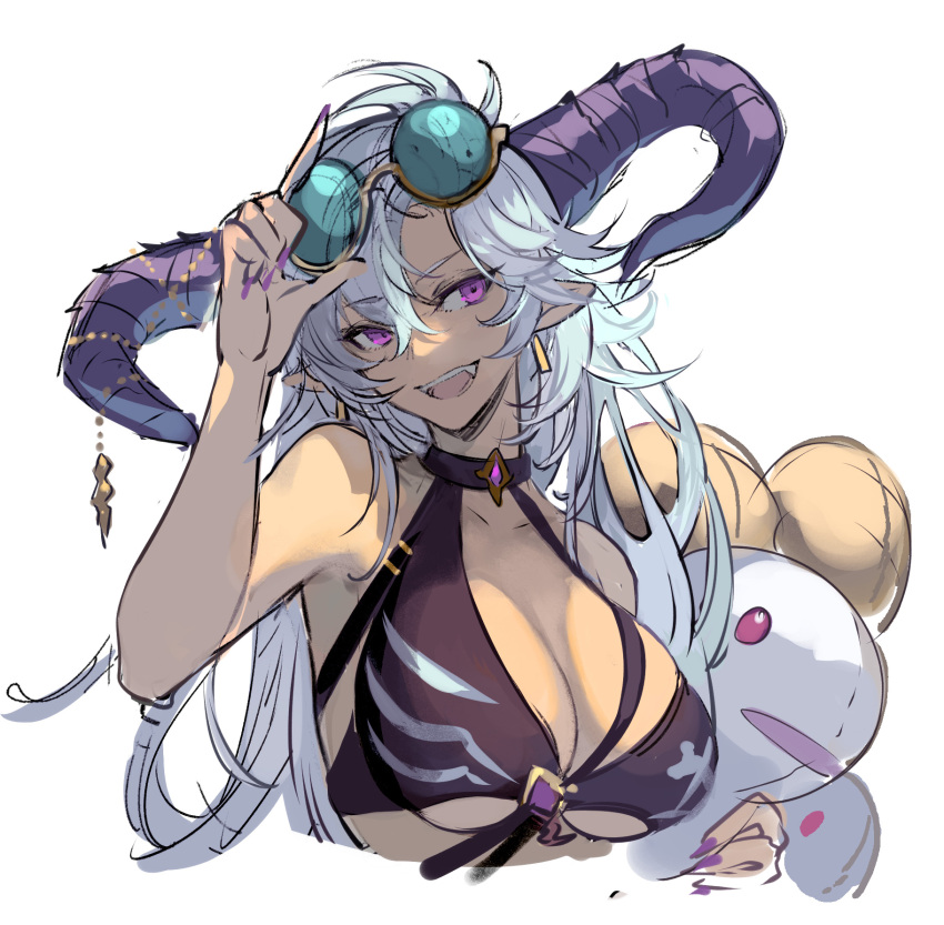 1girl adjusting_eyewear bare_shoulders bikini black_bikini breasts cleavage cropped_torso earrings eyewear_on_head fang fediel_(granblue_fantasy) granblue_fantasy grey_hair hand_up highres horns jewelry large_breasts long_hair open_mouth osamu_(jagabata) pointy_ears purple_eyes purple_nails simple_background smile solo stuffed_toy sunglasses swimsuit unfinished upper_body white_background