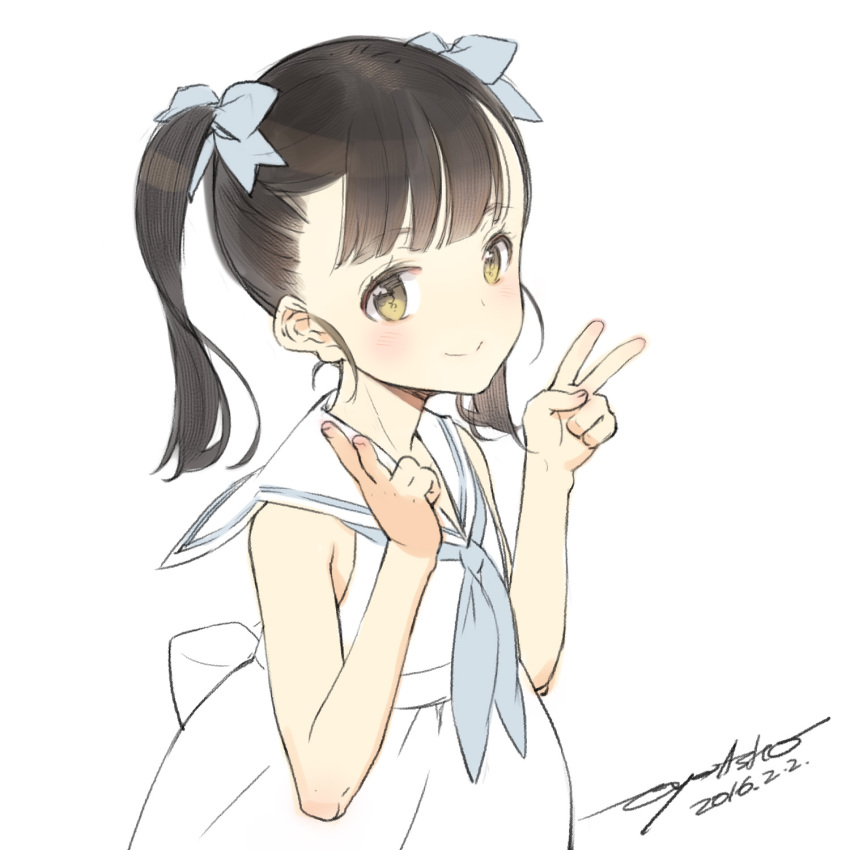 1girl black_hair blush bow brown_eyes dated double_v dress hair_bow highres looking_at_viewer neckerchief original oyari_ashito sailor_collar sailor_dress signature simple_background sketch smile solo twintails upper_body v white_background white_dress