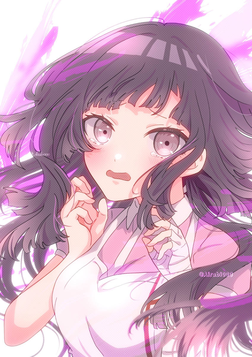 1girl airabi apron bandages black_hair blush breasts danganronpa_(series) danganronpa_2:_goodbye_despair hand_up highres large_breasts long_hair looking_at_viewer mole mole_under_eye open_mouth pink_background puffy_short_sleeves puffy_sleeves shirt short_sleeves solo tsumiki_mikan white_background