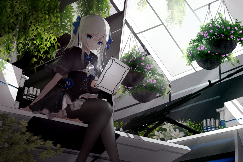 1girl black_capelet black_thighhighs blue_bow blue_bowtie blue_eyes bow bowtie capelet character_request copyright_request flower glass_ceiling gun guo582 hair_bow hanging_plant highres holding holding_tablet_pc pink_flower rifle sitting sniper_rifle solo tablet_pc thighhighs virtual_youtuber weapon white_flower white_hair