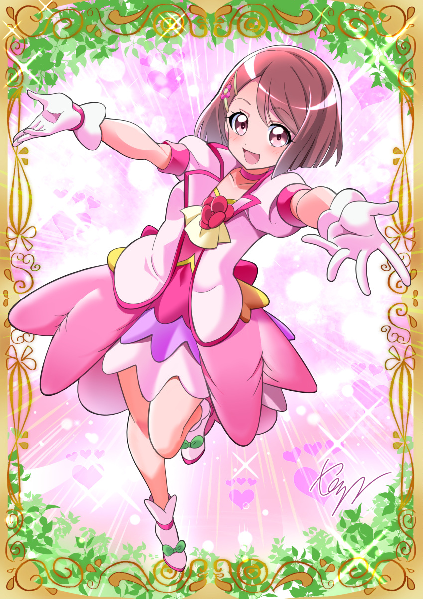 1girl absurdres ankle_boots artist_name ascot back_bow bob_cut boots bow brown_hair card_(medium) choker commentary_request commission cure_grace dress full_body gloves hair_ornament hairclip hanadera_nodoka healin'_good_precure highres jacket leg_up light_rays looking_at_viewer magical_girl medium_dress open_mouth partial_commentary pink_choker pink_dress pink_jacket precure puffy_short_sleeves puffy_sleeves purple_eyes reaching reaching_towards_viewer short_sleeves signature skeb_commission smile solo standing standing_on_one_leg tirofinire white_footwear white_gloves yellow_ascot