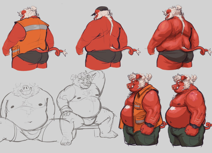 2023 anthro belly black_baseball_cap black_clothing black_underwear bulge butt clothed clothing colored_sketch fur hair hair_bun hi_res high-vis male mammal model_sheet moobs multiple_images open_clothing open_topwear open_vest overweight overweight_male red_body safety_vest saisio sitting sketch smollsaid solo spread_legs spreading suid suina sus_(pig) topwear tusks underwear vest white_body white_fur wild_boar