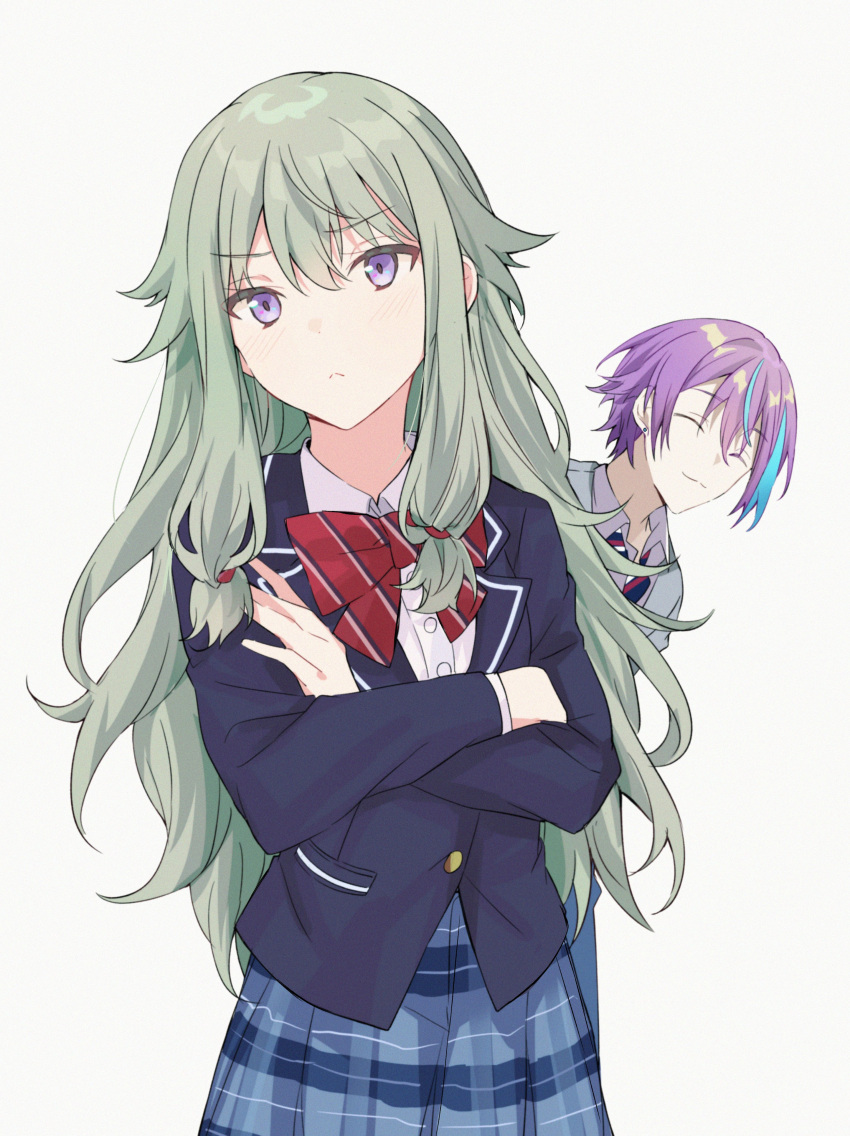 1boy 1girl absurdres aqua_hair blazer blue_jacket blue_skirt blush bow bowtie can't_be_this_cute closed_eyes closed_mouth collared_shirt crossed_arms diagonal-striped_bow diagonal_stripes grey_hair highres icercck jacket kamishiro_rui kamiyama_high_school_uniform_(project_sekai) kusanagi_nene long_hair long_sleeves multicolored_hair parody plaid plaid_skirt project_sekai purple_eyes purple_hair red_bow red_bowtie school_uniform shirt sidelocks skirt streaked_hair striped upper_body v-shaped_eyebrows white_background white_shirt