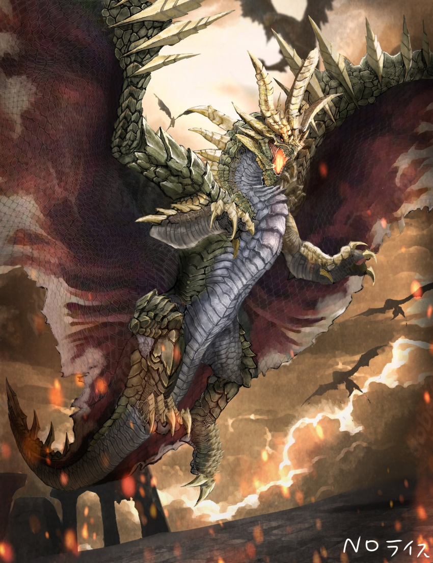 claws dragon dragon_claw dragon_horns dragon_tail dragon_wings fantasy flying glowing_mouth guanzorumo_(monster_hunter) highres horns large_wings monster monster_hunter_(series) monster_hunter_frontier no86484588 no_humans scales sky tail western_dragon wings