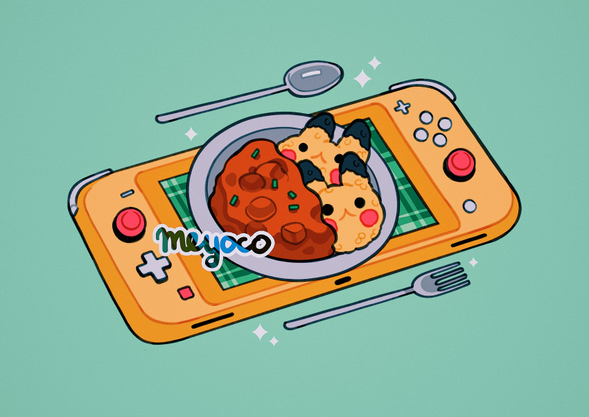 absurdres artist_name curry food food_focus fork green_background highres meyoco nintendo_switch nintendo_switch_lite no_humans pikachu plaid plate pokemon simple_background sparkle spoon