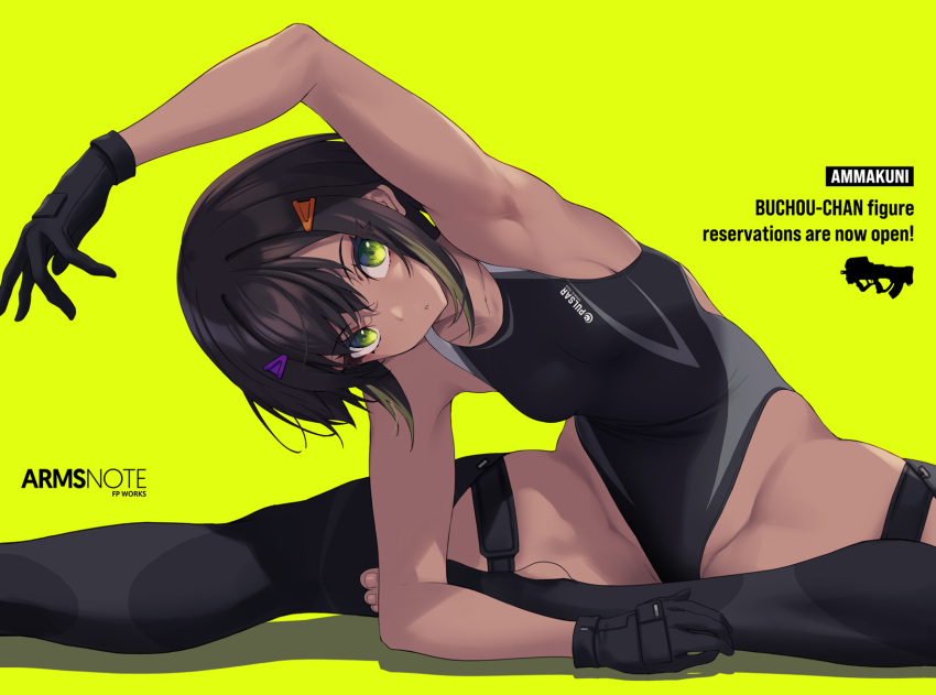 1girl arm_up armpits arms_note black_one-piece_swimsuit breasts brown_hair competition_swimsuit dark-skinned_female dark_skin flexible fukai_ryosuke green_eyes hair_ornament hairclip highleg highleg_swimsuit highres looking_at_viewer one-piece_swimsuit original simple_background skindentation solo spread_legs stretching swimsuit thighhighs wide_spread_legs