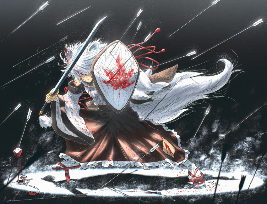 1girl animal_ears arrow_(projectile) arrow_in_body attack bandaged_arm bandages bare_shoulders bleeding blood blood_in_hair blood_on_clothes blood_on_face cuts detached_sleeves fighting_stance full_body geta hair_over_one_eye hakama hakama_skirt hat hat_removed headwear_removed highres holding holding_shield holding_sword holding_weapon injury inubashiri_momiji japanese_clothes leaning_to_the_side long_bangs looking_at_viewer medium_hair oubachiago parted_lips procreate_(medium) red_eyes scabbard scratches sheath shield shirt skirt solo standing sword tabi tail taking_cover tengu-geta tokin_hat torn_clothes torn_hakama touhou weapon white_hair wide_sleeves wolf_ears wolf_girl wolf_tail