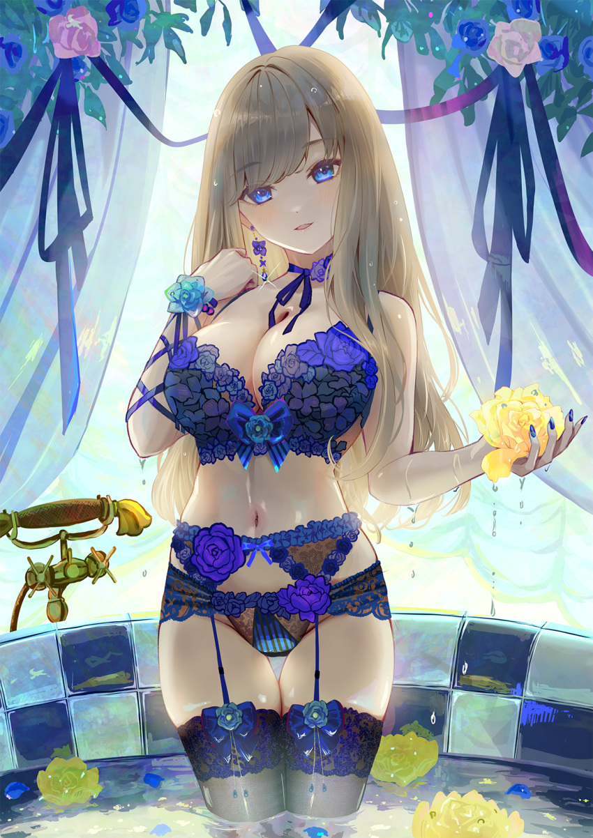 1girl blue_eyes blue_nails breasts cleavage earrings garter_belt highres ito_lab jewelry large_breasts light_brown_hair lingerie navel parted_lips partially_submerged real_life ruri_(model) skindentation solo thick_thighs thighhighs thighs underwear wading