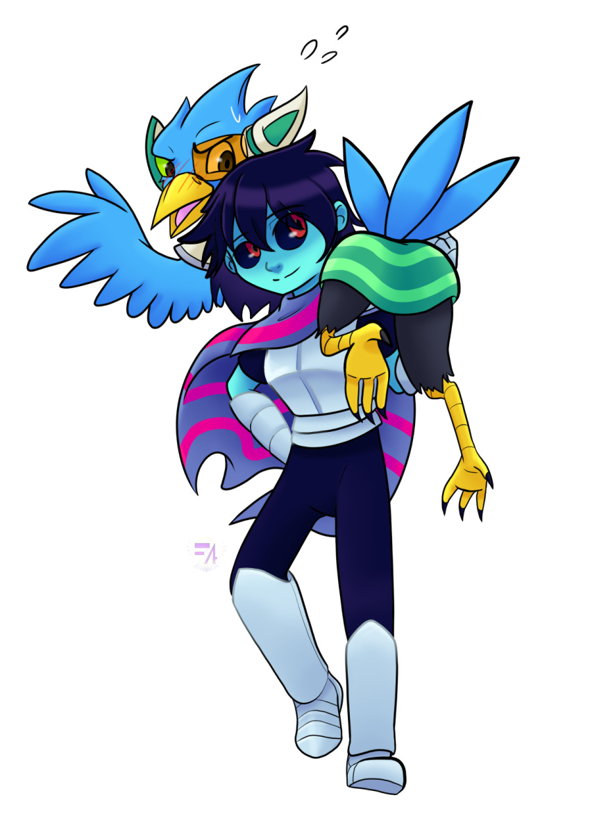 ambiguous_gender anthro armor avian berdly bird blue_body blue_feathers blue_skin blush carrying carrying_another carrying_over_shoulder deltarune duo feathers feralias hi_res human kris_(deltarune) male male/ambiguous mammal nerd scouter undertale_(series)