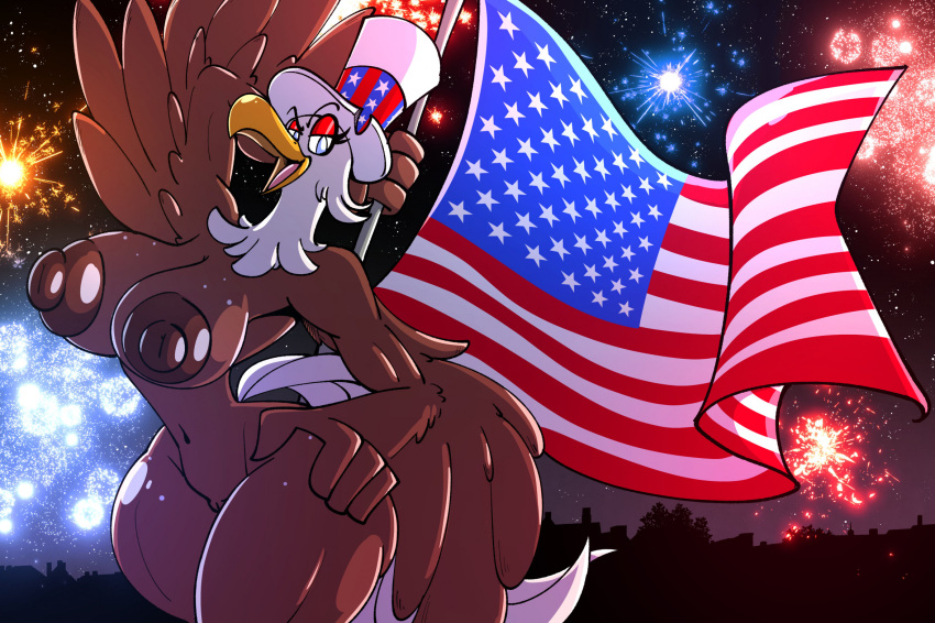 4th_of_july accipitrid accipitriform anthro areola avian backlighting bald_eagle beak bedroom_eyes big_areola big_breasts bird blue_eyes breasts brown_areola brown_body brown_feathers brown_nipples clothing detailed_background eagle eyeshadow feathers female fireworks flag flagpole freckles freckles_on_breasts freckles_on_hips genitals hat headgear headwear hi_res light lighting looking_at_viewer makeup narrowed_eyes night nipples non-mammal_breasts non-mammal_nipples nude open_beak open_mouth pussy red_eyeshadow sachasketchy sea_eagle seductive solo star stars_and_stripes tail_feathers thick_thighs tongue top_hat united_states_of_america white_body white_feathers wide_hips wings