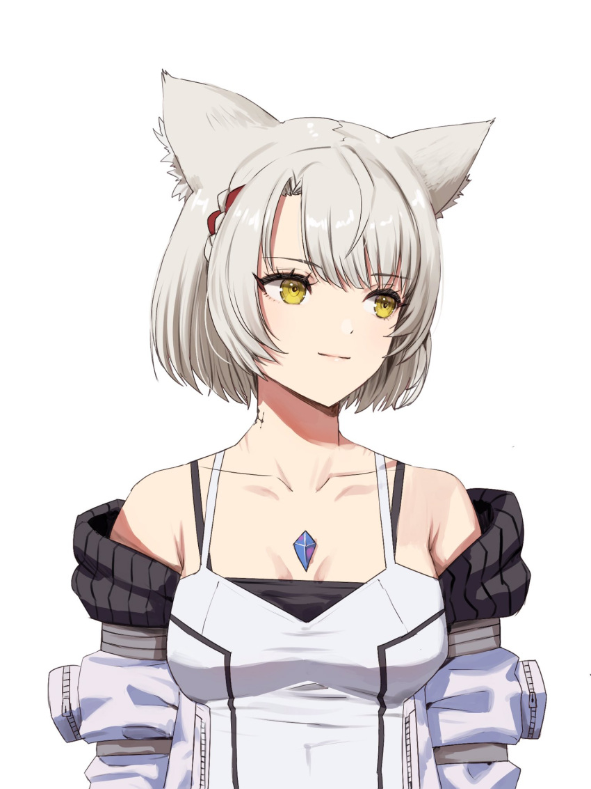 1girl animal_ear_fluff animal_ears braid breasts camisole closed_mouth collarbone commentary_request grey_hair highres jacket long_sleeves looking_to_the_side medium_breasts mio_(xenoblade) off_shoulder open_clothes open_jacket parted_bangs puffy_long_sleeves puffy_sleeves short_hair simple_background solo upper_body white_background white_camisole white_jacket xenoblade_chronicles_(series) xenoblade_chronicles_3 yamamori_kinako yellow_eyes