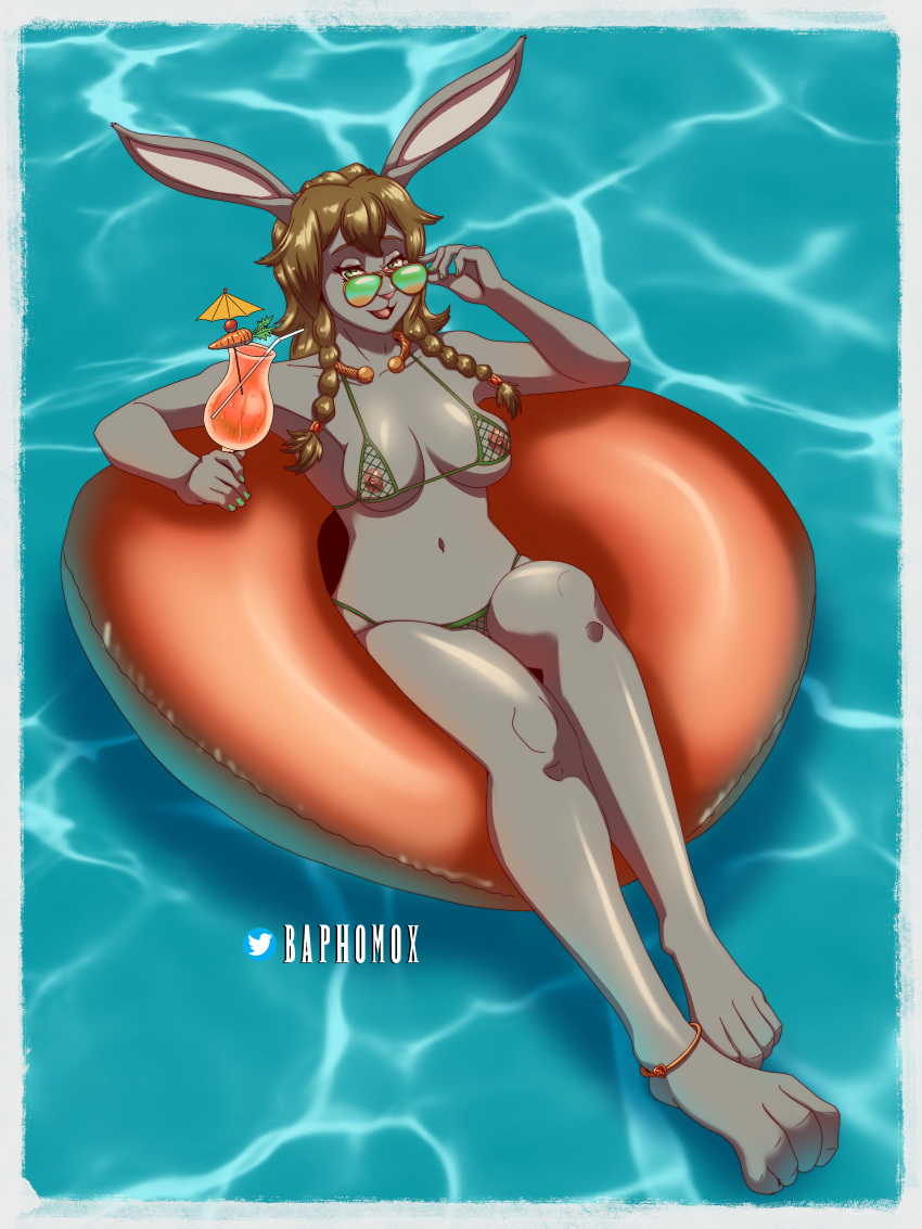 absurd_res alcoholic_drink anklet anthro baphomox beach beverage bikini braided_hair brown_hair carrot clothing colored_fingernails colored_nails eyewear female fingernails floating flotation_device food fur green_eyes grey_body grey_fur hair hi_res jewelry lagomorph leporid liriel_thistlefoot_(pelorix) mammal nails nipples pink_nipples plant rabbit rabbit_ears rabbit_feet seaside smile smiling_at_viewer solo summer sunglasses swimwear torc translucent translucent_clothing vegetable water