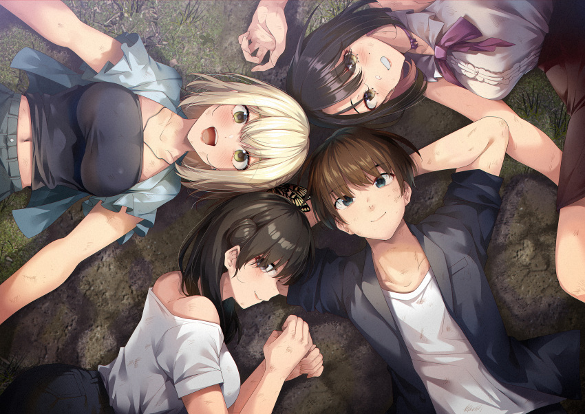 1boy 3girls arms_behind_head asakura_ageha black_eyes black_hair black_skirt black_tank_top blonde_hair blue_pants blue_shirt blush bow breasts brown_eyes brown_hair character_request closed_mouth collar collarbone colored_inner_hair dirty dirty_clothes dirty_face frilled_collar frills green_eyes hair_between_eyes highres large_breasts looking_at_viewer lying medium_hair midriff_peek mole mole_under_eye multicolored_hair multiple_girls navel omura_saki on_back on_ground on_side open_clothes open_mouth open_shirt outdoors pants pink_hair purple_bow ryouma_(galley) shirt shirt_tucked_in short_hair skirt sleeveless sleeveless_shirt smile tank_top white_shirt yumeochi_-_yume_de_bokura_wa_koi_ni_ochiru