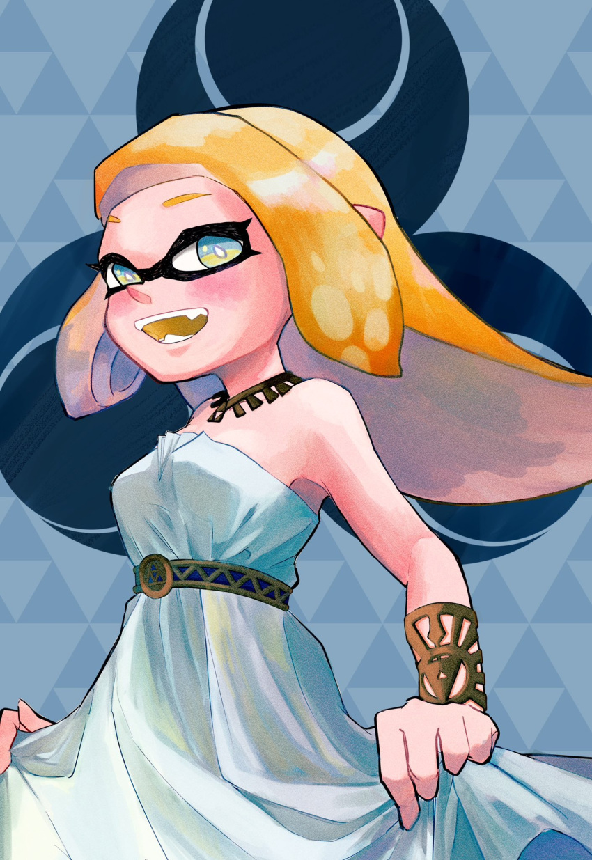 1girl bracelet breasts cosplay curtsey dress highres inkling inkling_girl jewelry long_hair medium_breasts nastar_r0 open_mouth orange_hair patterned_background princess_zelda princess_zelda_(cosplay) smile solo splatoon_(series) splatoon_3 teeth white_dress