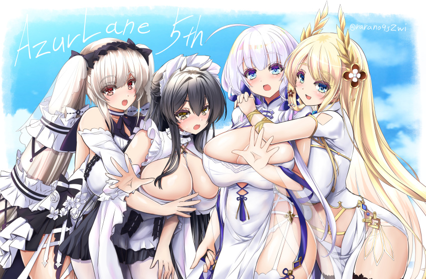 4girls absurdly_long_hair absurdres artist_name azur_lane black_hair black_neckerchief black_sailor_collar black_skirt blonde_hair blue_eyes breasts center_opening china_dress chinese_clothes choker cleavage cleavage_cutout clothing_cutout copyright_name cowboy_shot cutout_above_navel dress dress_flower feather_dress folding_fan formidable_(azur_lane) formidable_(timeless_classics)_(azur_lane) frilled_choker frills garter_straps gold_trim green_eyes hand_fan highres holding holding_fan hug hug_from_behind huge_breasts illustrious_(azur_lane) illustrious_(maiden_lily's_radiance)_(azur_lane) indomitable_(azur_lane) indomitable_(ms._motivationless_maid)_(azur_lane) laurel_crown leaning_on_person long_hair looking_at_viewer maid_headdress miniskirt multiple_girls navel_cutout neckerchief official_alternate_costume open_mouth pantyhose pelvic_curtain pleated_skirt raranokusu red_eyes sailor_collar short_sleeves skirt sleeveless sleeveless_dress stomach_cutout thighhighs twintails two-tone_dress two-tone_ribbon veil very_long_hair victorious_(azur_lane) victorious_(guidance_of_the_spring_goddess)_(azur_lane) white_dress white_garter_straps white_hair white_pantyhose white_thighhighs