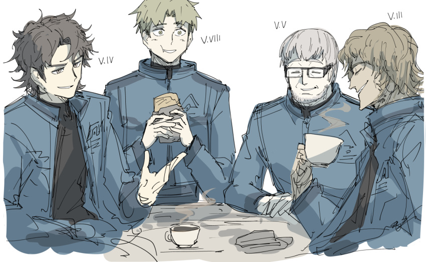 4boys armored_core armored_core_6 blonde_hair brown_eyes brown_hair closed_eyes coffee coffee_cup commentary_request cup disposable_cup eating glasses grey_hair kankan33333 male_focus multiple_boys oekaki shirt simple_background uniform v.iii_o'keeffe v.iv_rusty v.v_hawkins v.viii_pater white_shirt