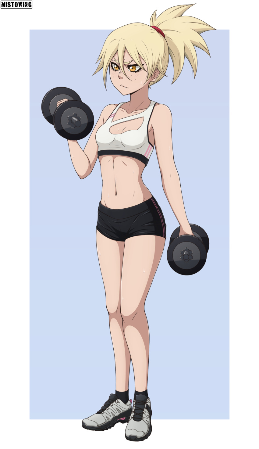 1girl absurdres black_shorts bleach blonde_hair blush breasts closed_mouth collarbone dumbbell fang freckles full_body gym_shorts highres mistowing navel ponytail sarugaki_hiyori short_hair shorts simple_background small_breasts solo sports_bra white_sports_bra yellow_eyes