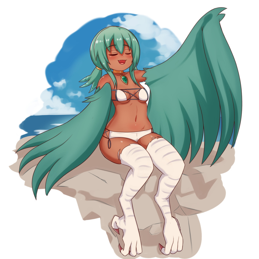 1girl bikini bird_legs blush breasts closed_eyes commentary commission dark-skinned_female dark_skin english_commentary fang green_hair green_wings hair_between_eyes harpy highres long_hair low_twintails monster_girl nav_(itsnav) open_mouth original outdoors pendant_choker sidelocks sitting small_breasts solo swimsuit talons twintails white_bikini wide_hips wings