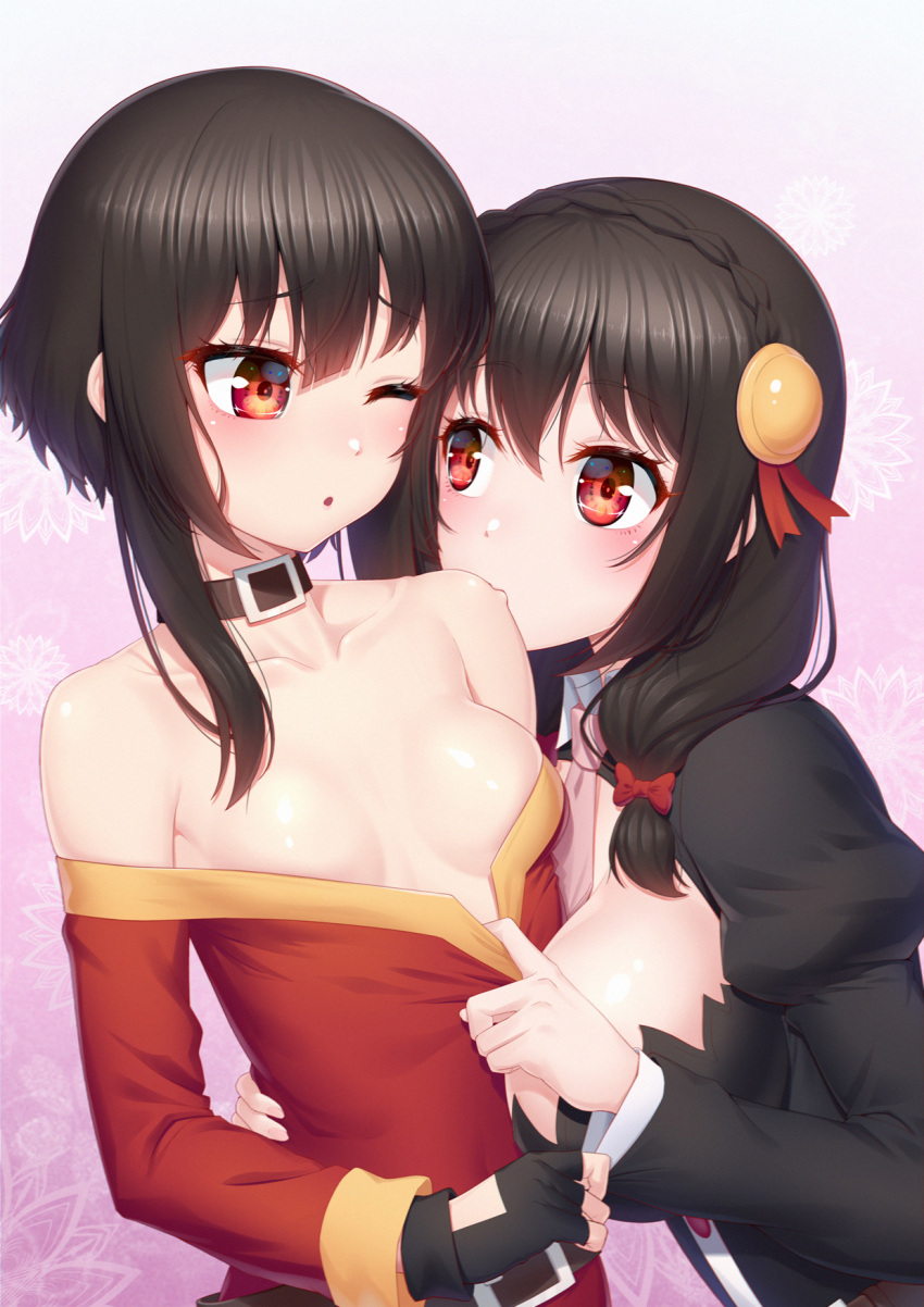 2girls ;o anarchojs arm_between_breasts bare_shoulders between_breasts black_choker black_dress black_gloves blush braid breasts brown_hair choker cleavage_cutout clothes_pull clothing_cutout commentary_request dress dress_pull facing_viewer fingerless_gloves from_side gloves hair_between_eyes hand_up highres kono_subarashii_sekai_ni_bakuen_wo! kono_subarashii_sekai_ni_shukufuku_wo! large_breasts long_hair long_sleeves looking_at_another medium_breasts megumin multiple_girls no_bra off-shoulder_dress off_shoulder one_eye_closed orange_eyes pulled_by_another red_dress red_eyes short_hair_with_long_locks skindentation small_breasts staring undressing undressing_another upper_body yunyun_(konosuba) yuri