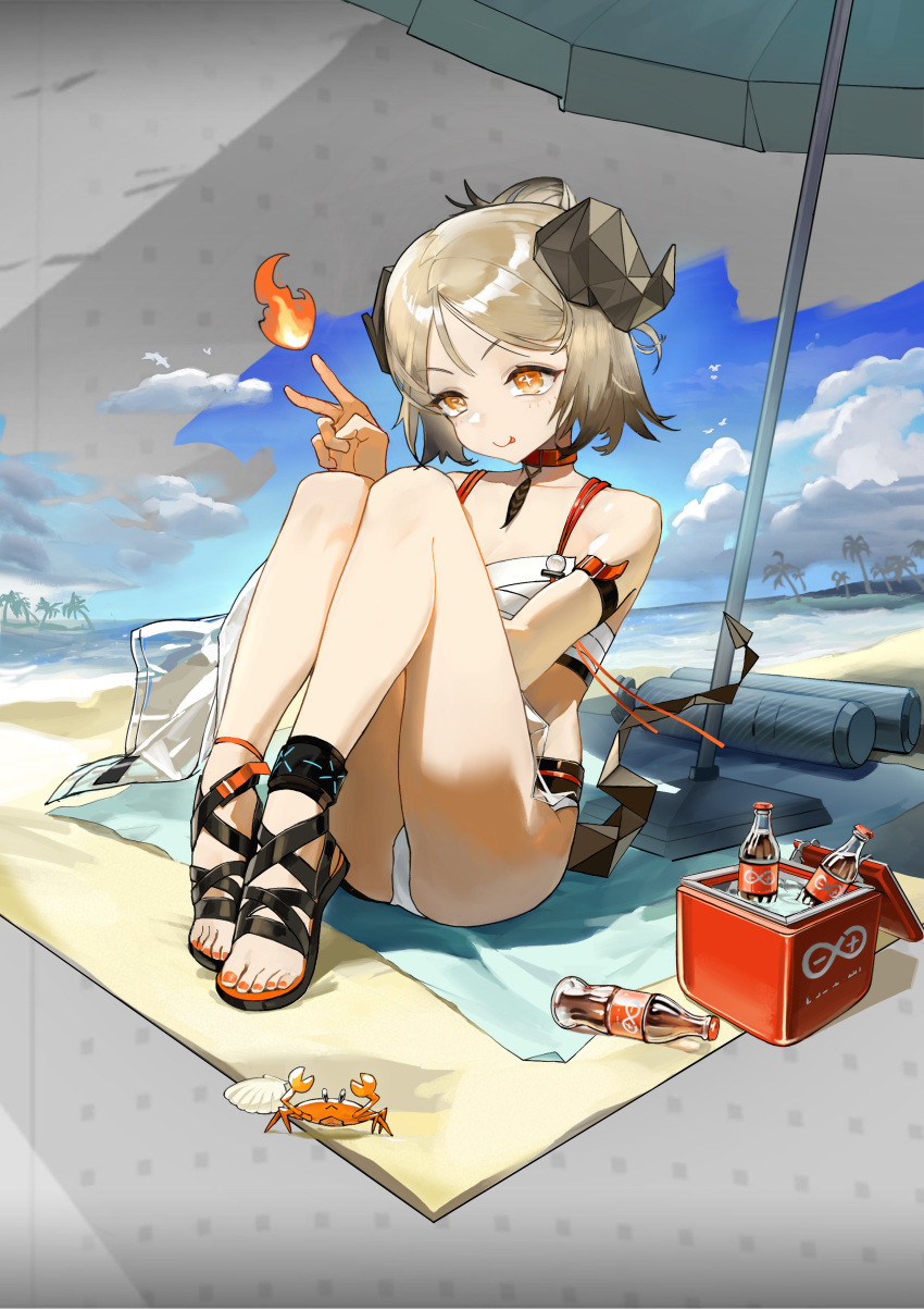 1girl :p absurdres animal arknights bare_shoulders beach bikini black_footwear blanket blue_sky brown_hair closed_mouth cloud coca-cola commentary_request cooler crab day fire glass_bottle hair_bun hand_up highres horns ifrit_(arknights) infinity_symbol jiang_(eaerser) knees_up orange_eyes outdoors parted_bangs sand sandals seashell see-through shell sitting sky smile solo swimsuit tongue tongue_out water white_bikini