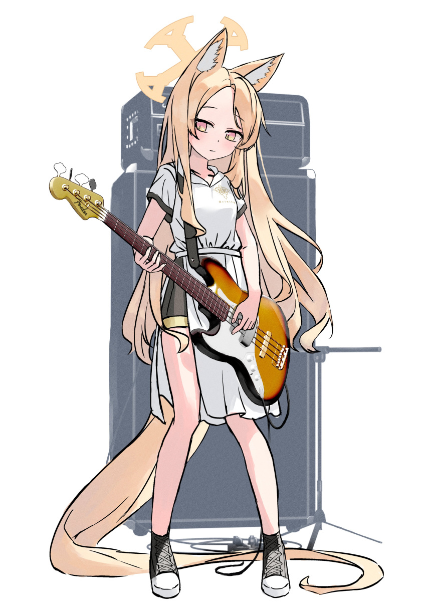 1girl absurdres alternate_costume animal_ear_fluff animal_ears bass_guitar black_skirt blonde_hair blue_archive casual collarbone commentary_request dress forehead fox_ears fox_girl fox_tail full_body halo highres holding holding_instrument instrument kenma_pro long_hair music orange_eyes parted_bangs pelvic_curtain playing_instrument pleated_skirt seia_(blue_archive) shoes short_sleeves side_slit sidelocks simple_background skirt sneakers solo standing tail white_dress